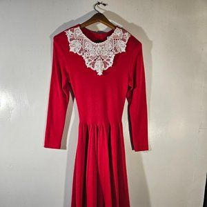 Holiday Vintage Long Sleeve Red Maxi Dress Wool Blend with White Lace Collar